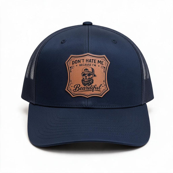 Hat, Don't Hate Me Because I'm Beardiful Leather Patch Trucker Hat – Snapback Cap for Bearded Men