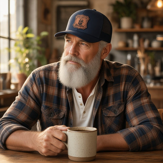 A man with a white beard wearing a navy blue trucker hat with a brown engraved patch that reads &
