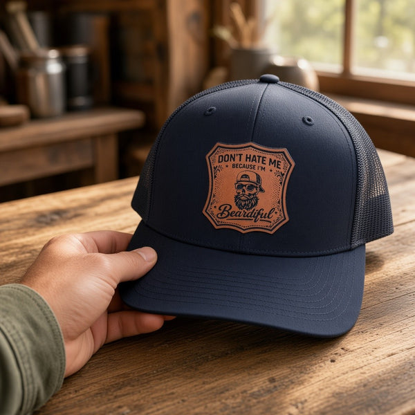 Hat, Don't Hate Me Because I'm Beardiful Leather Patch Trucker Hat – Snapback Cap for Bearded Men