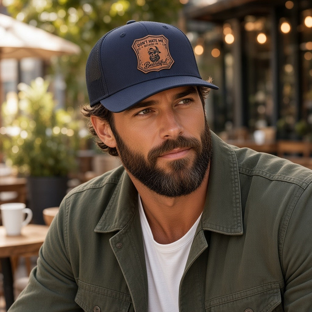 A man wearing a navy blue trucker hat with a brown engraved patch that reads &