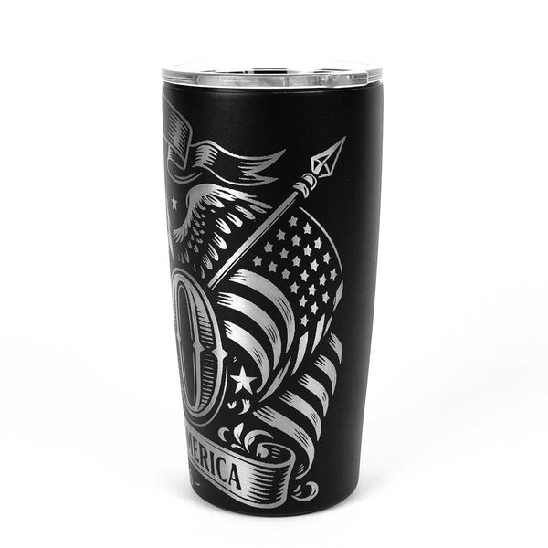 Dailey Woodworking black 20 oz tumbler with engraved silver eagle, shield, and American flag graphic celebrating the 250th anniversary.