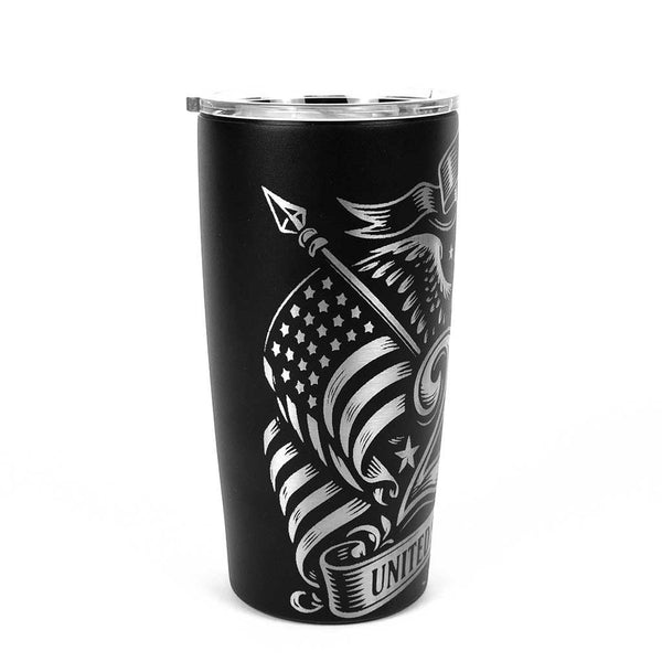 Dailey Woodworking black 20 oz tumbler with engraved eagle, American flag. Features sweat-free technology.