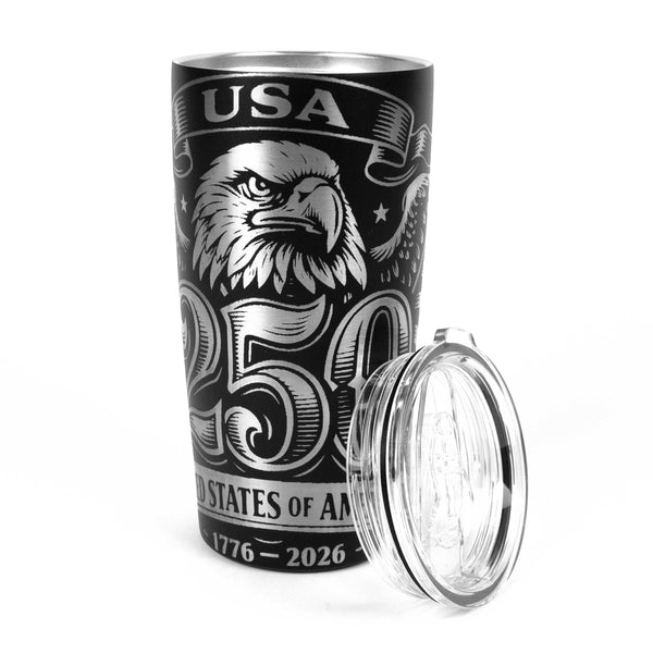 Dailey Woodworking black 20 oz tumbler with silver eagle and USA 250th Anniversary engraving. Includes clear lid.