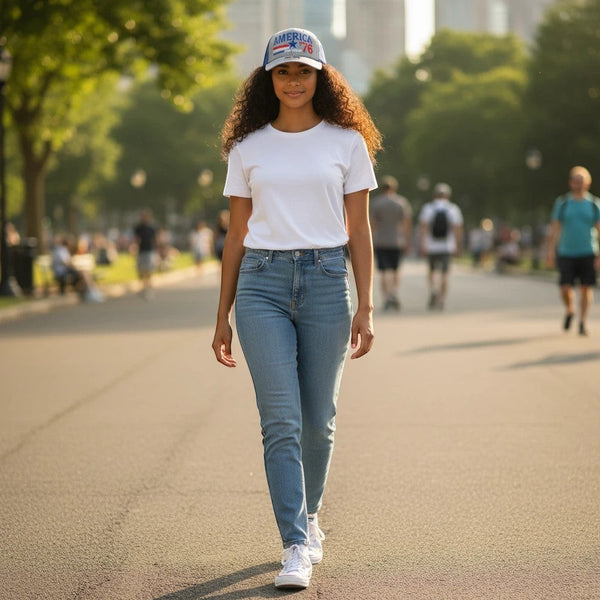 Dailey Woodworking patriotic trucker hat with America 250 embroidery worn by a woman walking in a sunny park.