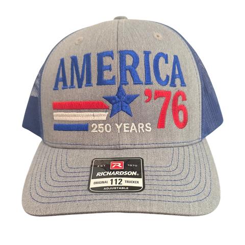 Dailey Woodworking patriotic trucker hat with gray front, blue mesh back, and America 250 Years 76 embroidery.