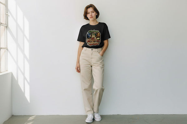 Dailey Woodworking black short sleeve t-shirt with a humorous graphic of baked beans, hot dogs, and brown bread. 50% cotton/50% polyester.