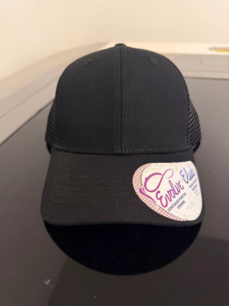 Dailey Woodworking black trucker hat with mesh back and embroidered "Wife Mom Boss" design.