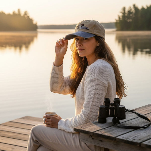 Dailey Woodworking Canton Maine loon embroidered baseball hat worn by a woman on a dock at sunrise