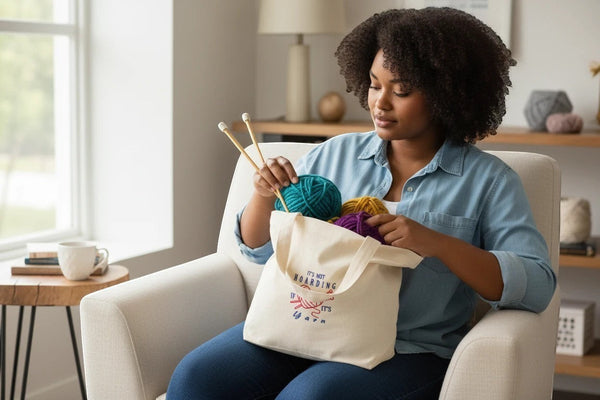 Dailey Woodworking natural canvas tote bag with embroidered text "It's Not Hoarding If It's Yarn" and knitting needles with yarn.
