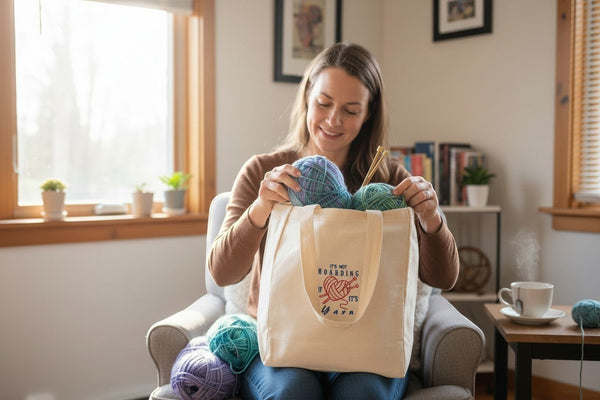 Dailey Woodworking natural canvas tote bag with embroidered "It's Not Hoarding If It's Yarn" design, holding yarn balls and knitting needles.