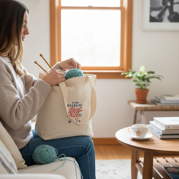Dailey Woodworking natural canvas tote bag with embroidered "It's Not Hoarding If It's Yarn" text and yarn graphic.
