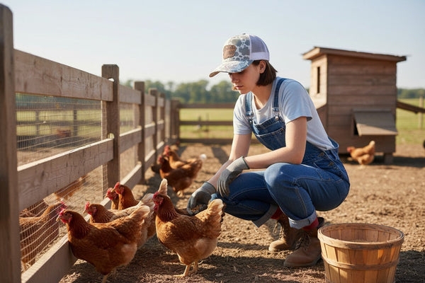 Dailey Woodworking grey cow print trucker hat with "Chicken Mom" patch and white mesh back, featuring a ponytail opening.