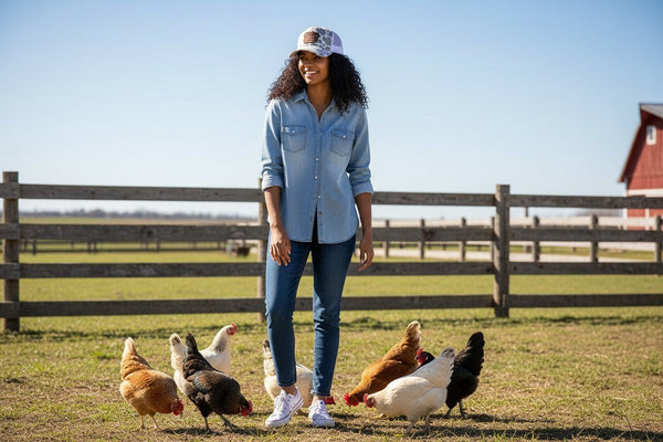 Dailey Woodworking grey cow print trucker hat with "Chicken Mom" patch and white mesh back, featuring a ponytail opening.