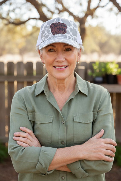 Dailey Woodworking grey cow print trucker hat with white mesh back and "Chicken Mom" leatherette patch, featuring a ponytail opening.