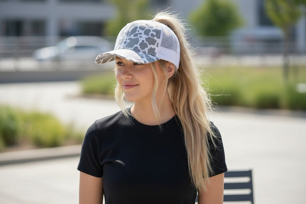 Dailey Woodworking grey cow print ponytail hat with white mesh back and laser-engraved leatherette patch.