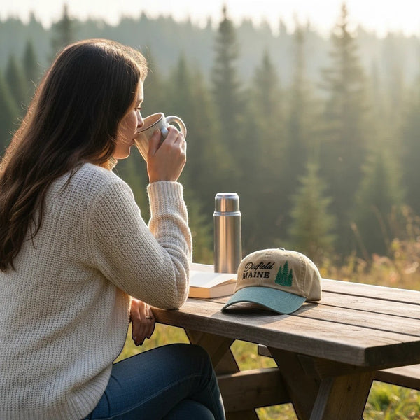 Dailey Woodworking hat with Dixfield Maine pine tree embroidery on a wooden table with a woman drinking coffee