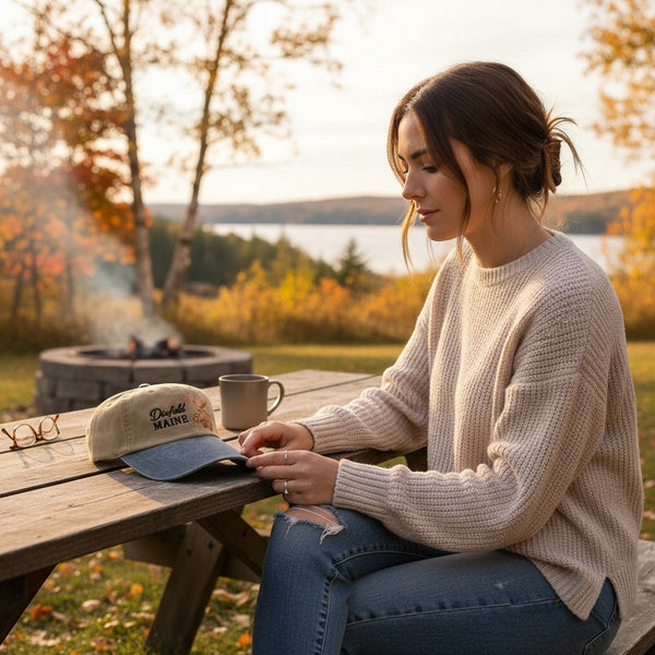 Dailey Woodworking Dixfield Maine moose embroidered dad hat on a wooden picnic table with a woman in an autumn setting