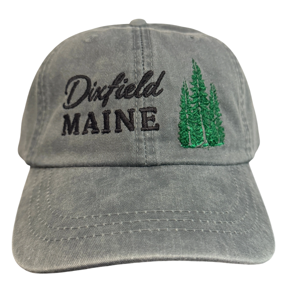 Dailey Woodworking grey garment-washed cotton hat with Dixfield Maine embroidery and green pine tree design
