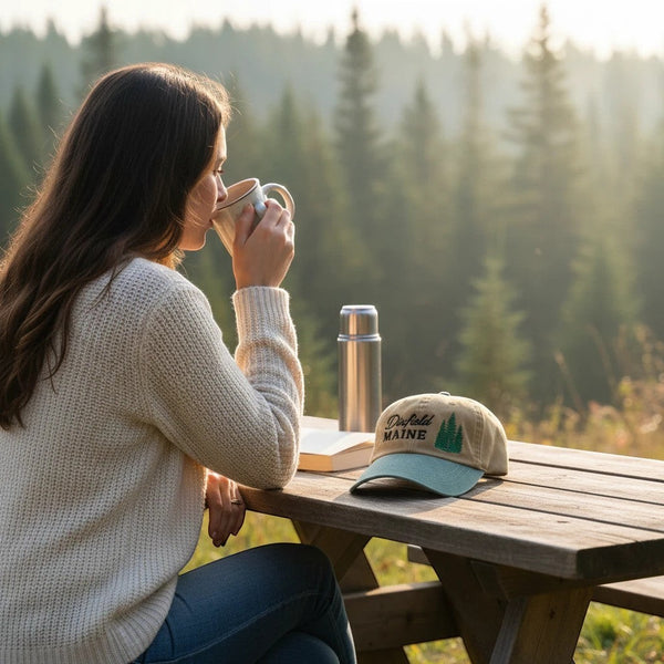Dailey Woodworking embroidered Dixfield Maine hat on a wooden table with a woman drinking coffee in a forest setting