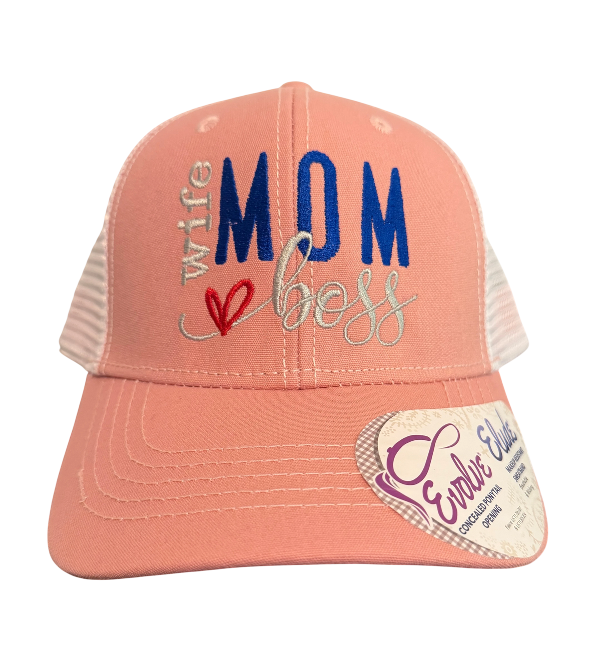 Dailey Woodworking dusty rose ponytail trucker hat with Wife Mom Boss embroidery and a red heart detail