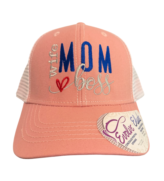 Dailey Woodworking dusty rose ponytail trucker hat with Wife Mom Boss embroidery and a red heart detail