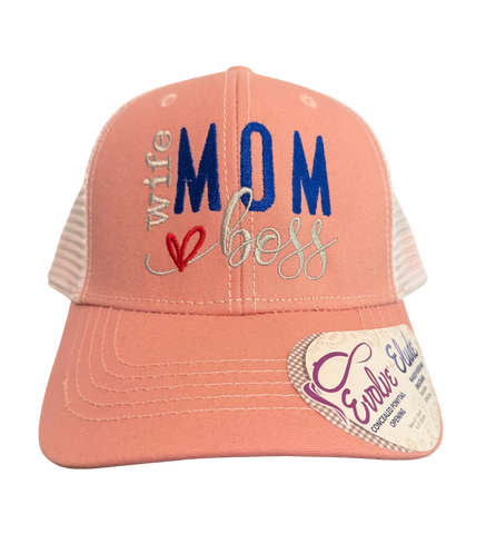 Dailey Woodworking dusty rose ponytail trucker hat with Wife Mom Boss embroidery and a red heart detail