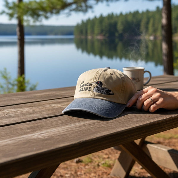 Dailey Woodworking two-tone baseball cap with Canton Maine and loon embroidery on a wooden picnic table by a lake.