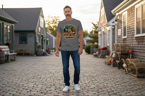 Dailey Woodworking grey cotton-polyester blend t-shirt with a humorous Maine Saturday Night Suppah graphic.