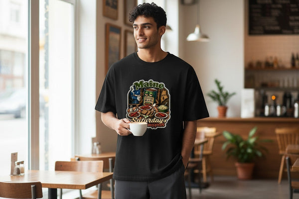 Dailey Woodworking black short sleeve t-shirt with a humorous Maine baked beans supper graphic. Cotton-poly blend.