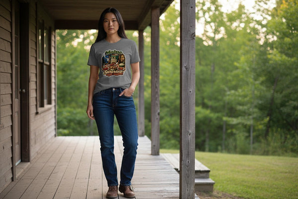Dailey Woodworking grey short sleeve t-shirt with a humorous Maine Saturday Night Suppah graphic featuring baked beans, hot dogs, and brown bread.