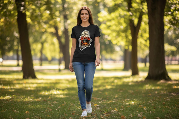Black t-shirt with a graphic of the state of Maine containing a lobster pot over a fire with lobsters sitting inside and the words "Ayuh" and "The way life should be"