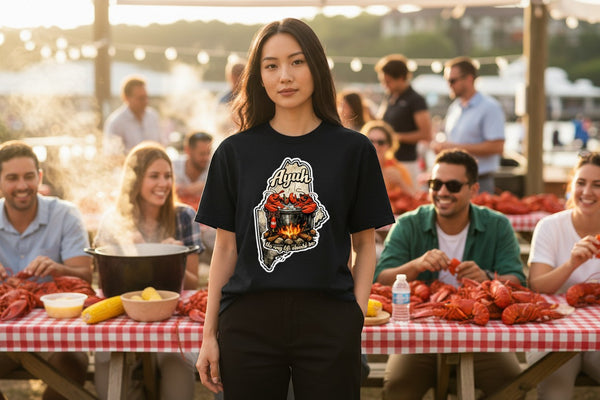Dailey Woodworking black short sleeve t-shirt with Maine outline graphic featuring a lobster pot and lobsters.