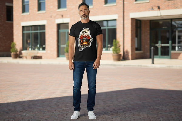 Black t-shirt with a graphic of the state of Maine containing a lobster pot over a fire with lobsters sitting inside and the words "Ayuh" and "The way life should be"