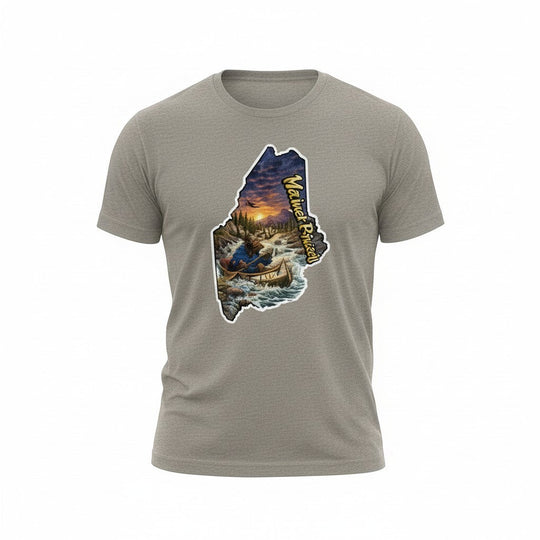 Dailey Woodworking grey heather short sleeve t-shirt with a graphic of a moose in a canoe on a river, within the shape of Maine.