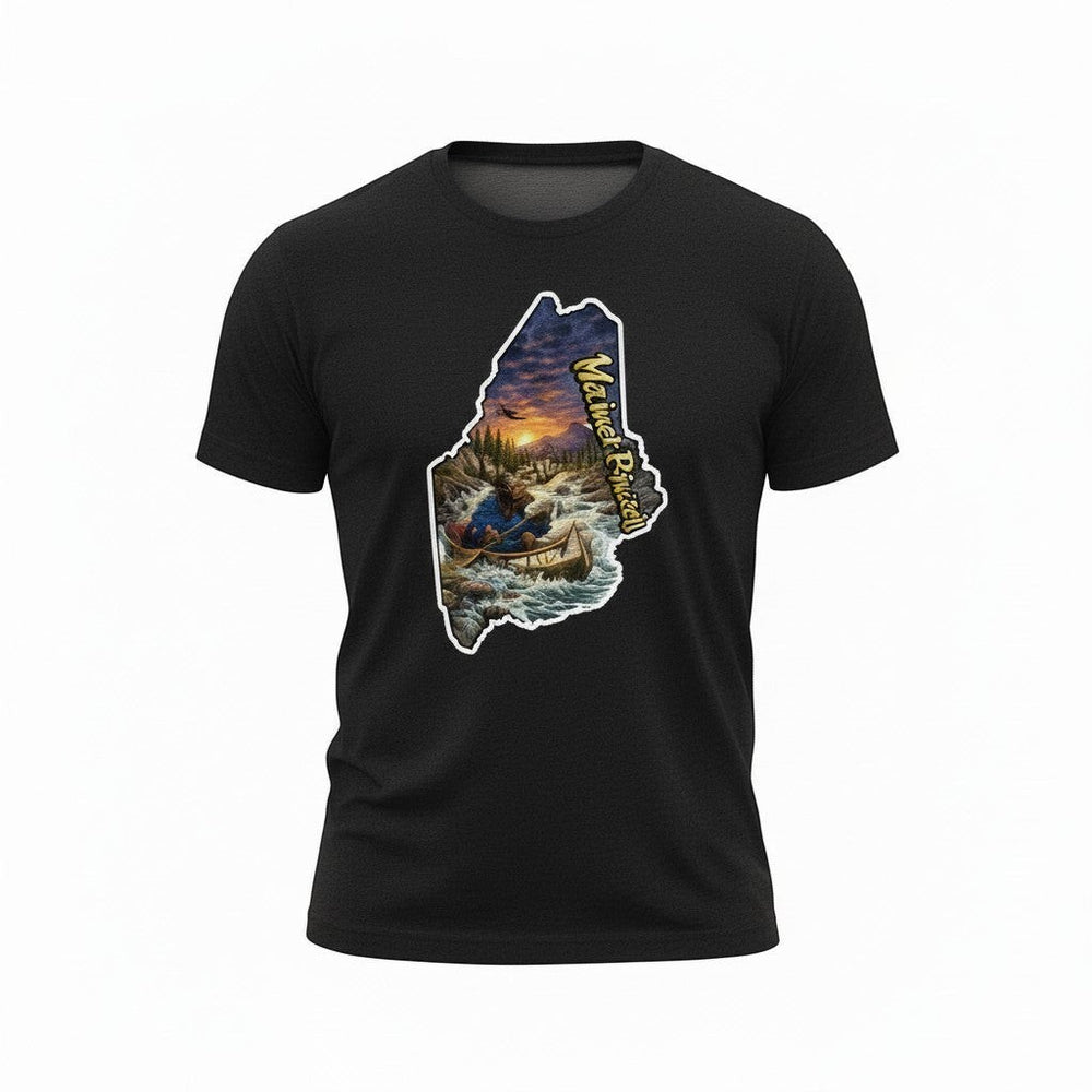 Dailey Woodworking black unisex t-shirt with Maine graphic: moose in canoe, river, sunset, mountains, and "Wicked Pissah" text.