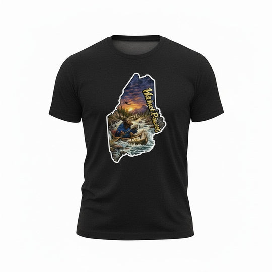 Dailey Woodworking black unisex t-shirt with Maine graphic: moose in canoe, river, sunset, mountains, and "Wicked Pissah" text.