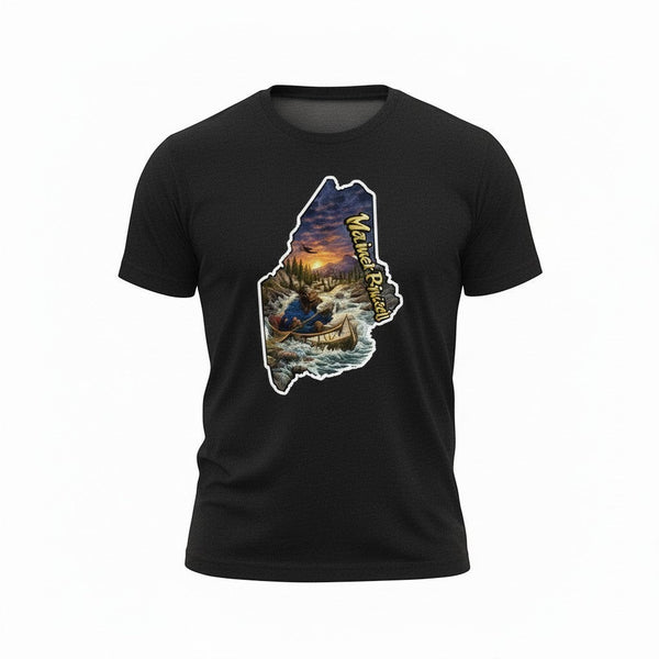 Dailey Woodworking black unisex t-shirt with Maine graphic: moose in canoe, river, sunset, mountains, and "Wicked Pissah" text.