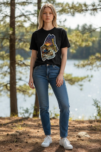 Dailey Woodworking black unisex t-shirt with a graphic of a moose in a canoe on a river at sunset, within the outline of Maine.