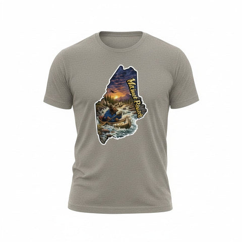 Dailey Woodworking grey heather short sleeve t-shirt with a graphic of a moose in a canoe on a river, within the shape of Maine.