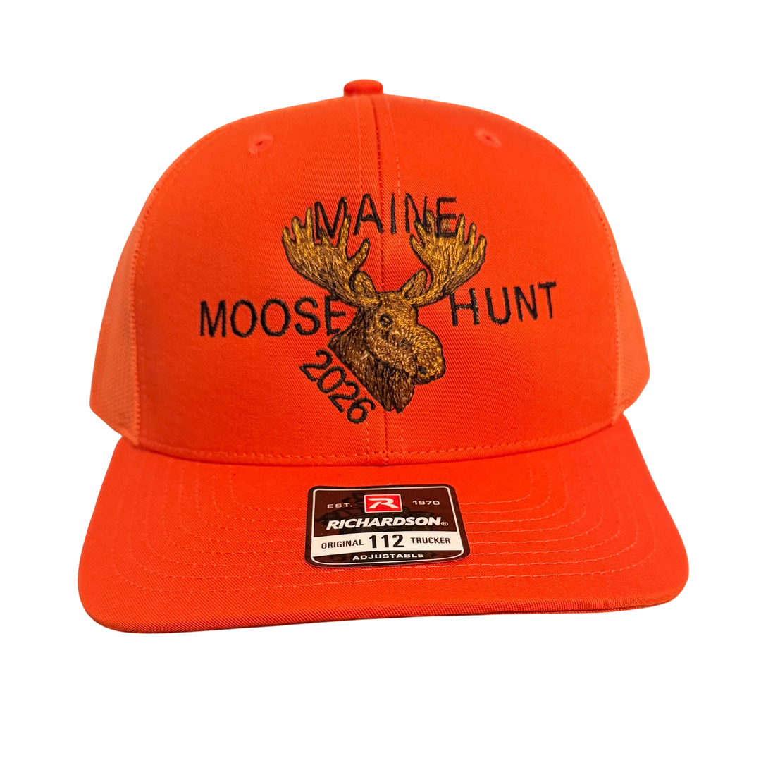 Dailey Woodworking orange Richardson 112 trucker hat with detailed Maine Moose Hunt 2026 embroidery