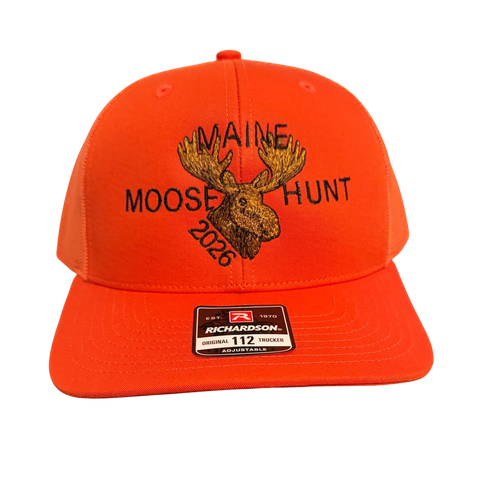 Dailey Woodworking orange Richardson 112 trucker hat with detailed Maine Moose Hunt 2026 embroidery