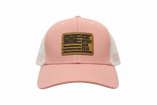 Dailey Woodworking dusty rose trucker hat with white mesh back and leather patch reading "Mama. Mommy. Mom. Bruh."