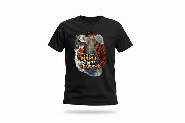 Dailey Woodworking black short sleeve t-shirt with "I'm Your Maple Sugar Daddy" graphic featuring a bearded man and sugar shack.