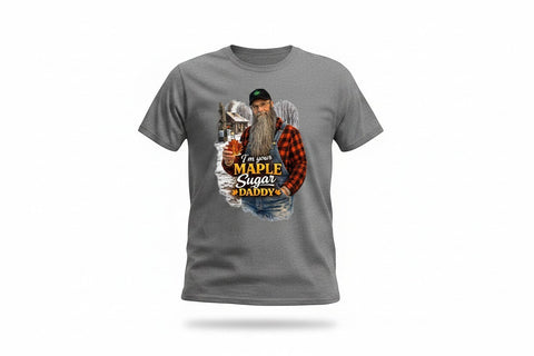 Dailey Woodworking grey short sleeve t-shirt with a graphic of a bearded man in overalls and plaid shirt holding a maple leaf, text reads "I'm your Maple Sugar Daddy".