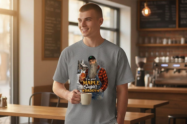 Dailey Woodworking grey short sleeve t-shirt with a humorous "I'm Your Maple Sugar Daddy" graphic featuring a bearded man and sugar shack.