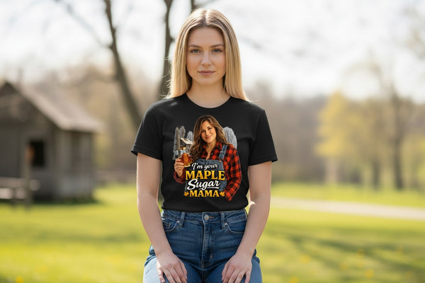 Dailey Woodworking black short sleeve t-shirt with a graphic of a woman in overalls holding a maple leaf bottle of syrup.