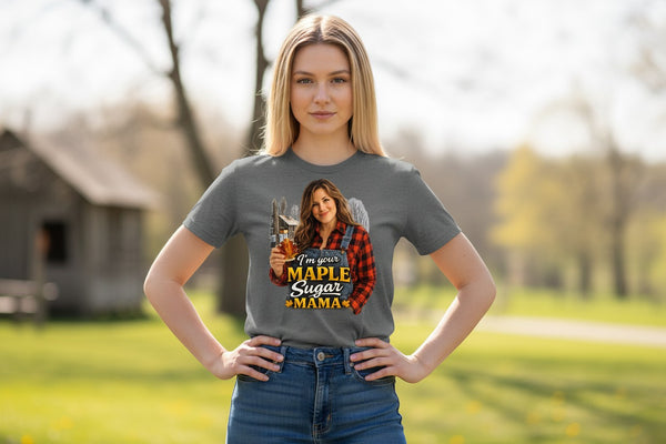 Dailey Woodworking dark grey short sleeve t-shirt with "I'm Your Maple Sugar Mama" graphic featuring a woman holding maple syrup.