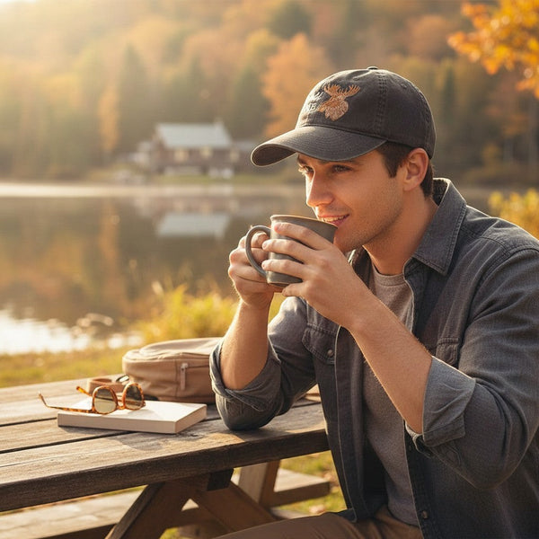 Dailey Woodworking Dixfield Maine moose embroidered cotton dad hat worn by a man drinking coffee by a lake