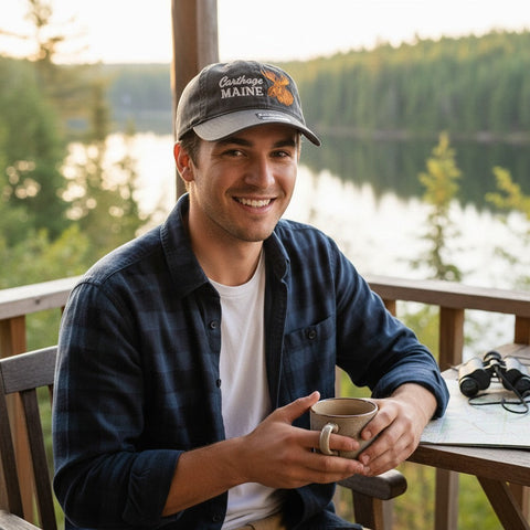 A man wearing a Dailey Woodworking Carthage, Maine moose embroidered cotton dad hat on a cabin porch by a lake.