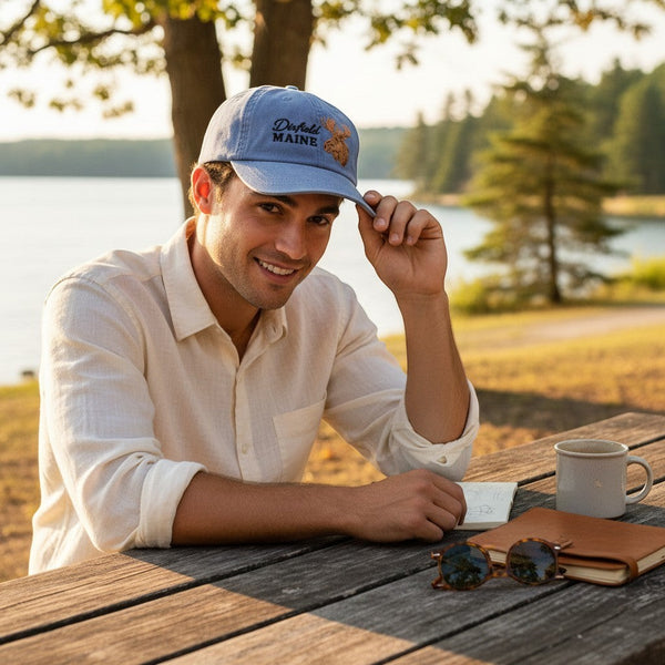 Dailey Woodworking light blue cotton dad hat with Dixfield Maine moose embroidery worn by a man at a lakeside table
